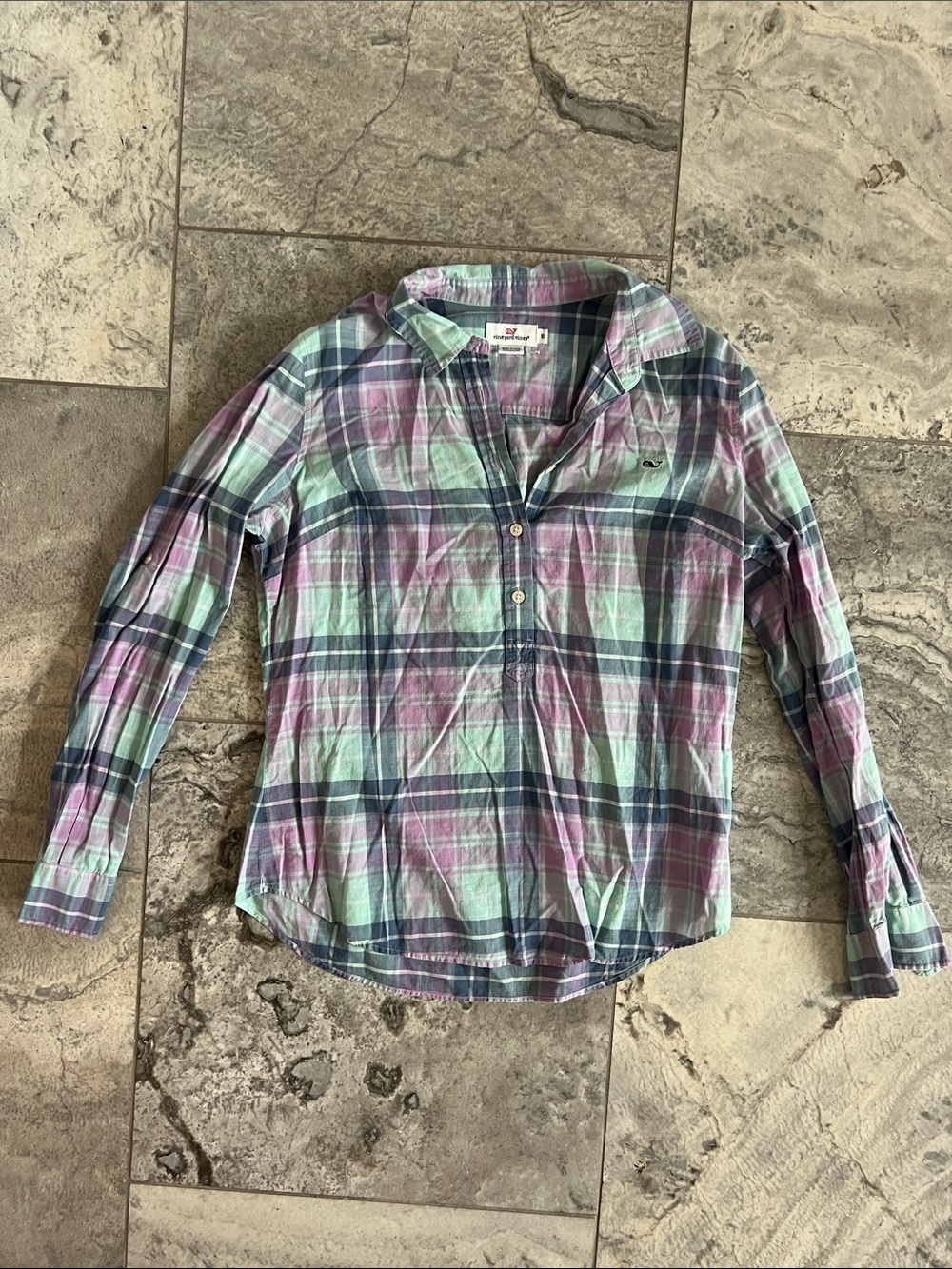 Vineyard Vines Mint Green & Purple Plaid Button-Down Tunic Shirt